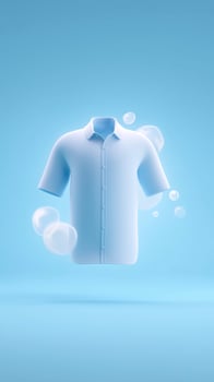 Floating short-sleeve shirt in light blue color, surrounded by soft bubbles, creating a fresh and clean atmosphere, perfect for clothing advertisements and promotional materials photo