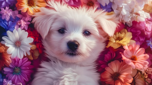 A white dog is surrounded by flowers photo