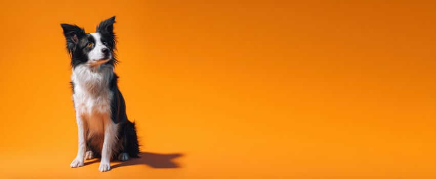 The border collie sitting gracefully against a vibrant orange backdrop. photo