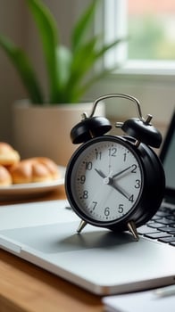 Black alarm clock sitting on laptop showing time management and deadline photo