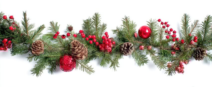 The festive holiday garland adorned with ornaments and natural elements. photo
