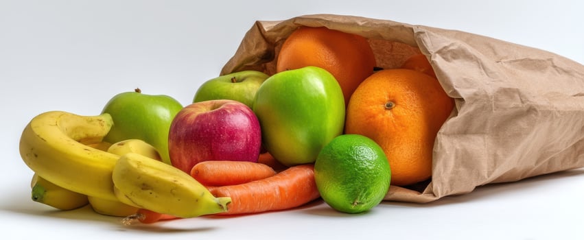 A brown paper bag filled with fruit and vegetables photo