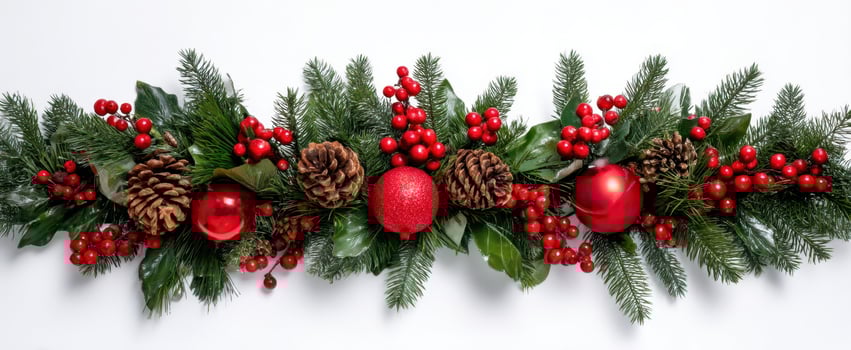 The Beautiful Christmas Garland with Pinecones and Red Ornaments photo