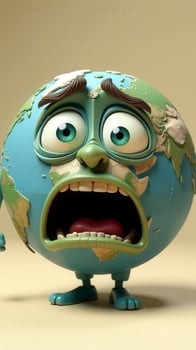 A cartoon earth with a sad face and arms photo