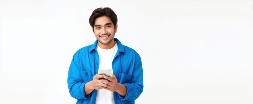 The young man smiling while using a smartphone in a casual setting. photo