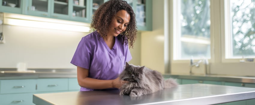 The veterinarian gently cares for a beautiful fluffy cat in a modern clinic. photo