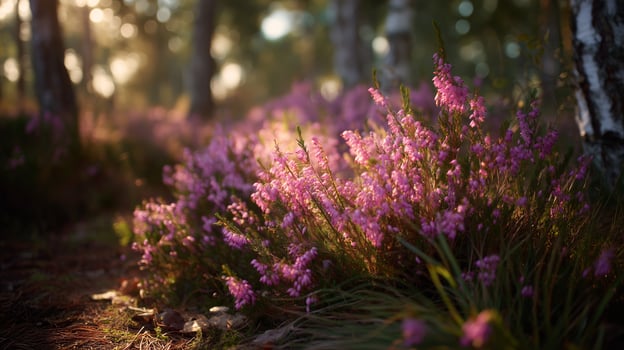 Vibrant purple heather blooms in serene forest setting during golden hour light photo