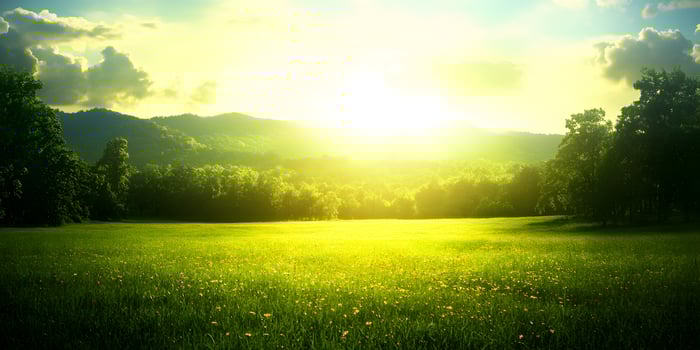 Sunset over Green Meadow and Mountains photo