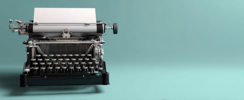 The vintage typewriter elegantly positioned against a minimalist teal background. photo