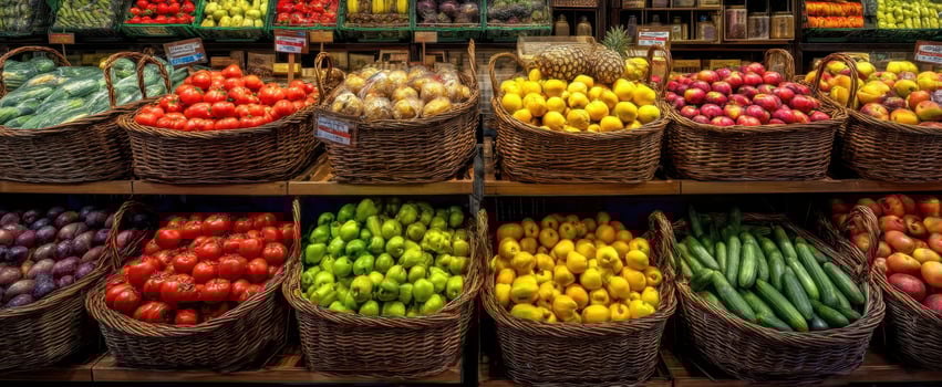 The vibrant display of fresh fruits and vegetables in woven baskets. photo
