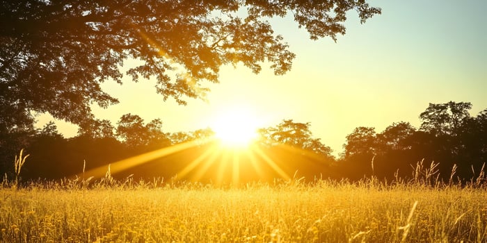 Sunset over Golden Meadow with Trees photo