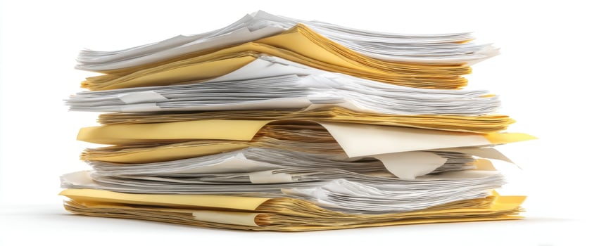 The stack of disorganized paperwork and files in an office setting. photo