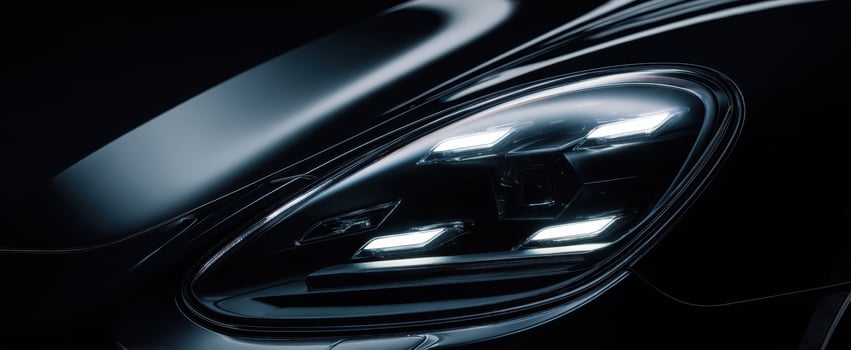 The striking design of modern luxury car headlights in dramatic lighting photo