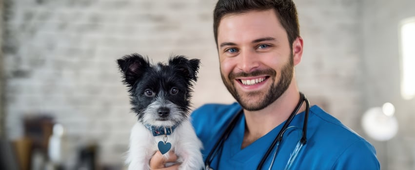 The veterinarian holds a smiling puppy in a bright veterinary clinic setting. photo