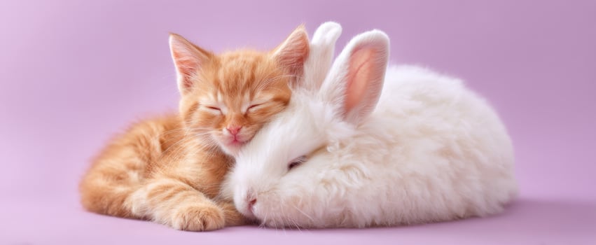 The adorable kitten and soft rabbit napping together in harmony. photo