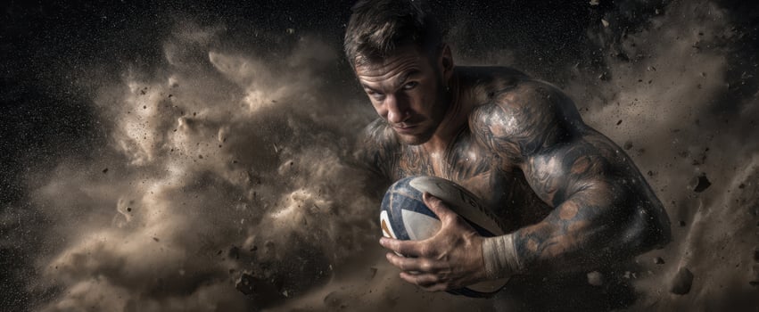 The rugby player charging through dust in a display of power and intensity. photo