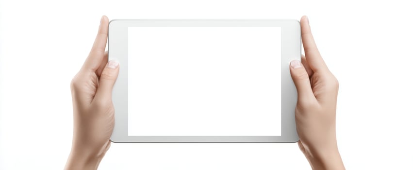 The tablet being held with a blank screen for creative design use. photo
