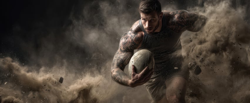 The determined athlete charging through dust while carrying a rugby ball. photo