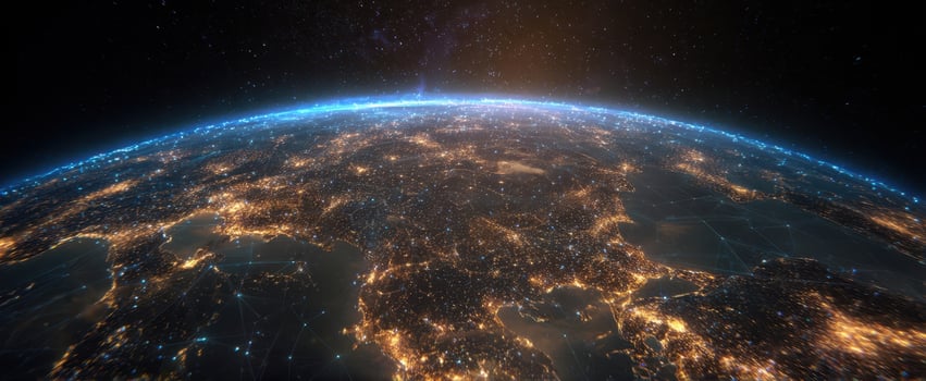 The breathtaking view of Earth illuminated by city lights from space at night. photo