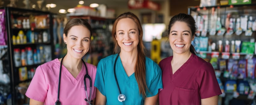 The cheerful nurses showcasing teamwork and compassion in a bright healthcare setting. photo