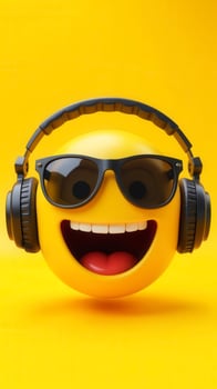 Yellow emoji wearing sunglasses and headphones listening to music on yellow background photo