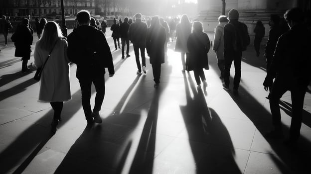 Crowd of people walking in a city street during sunset casting long shadows photo