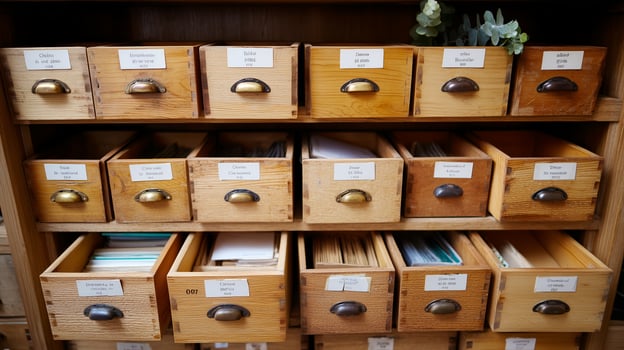 Wooden drawers filled with organized index cards at a vintage library in the late afternoon photo