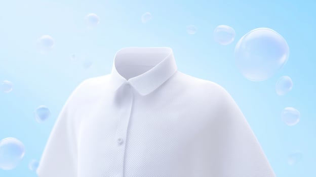 White shirt mock up displayed against a soft blue background with floating bubbles, creating a fresh and clean atmosphere for design purposes and branding opportunities photo