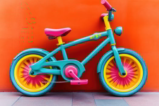 Vibrant kids' bicycle against a bold orange backdrop. Colorful teal, pink, and yellow design photo
