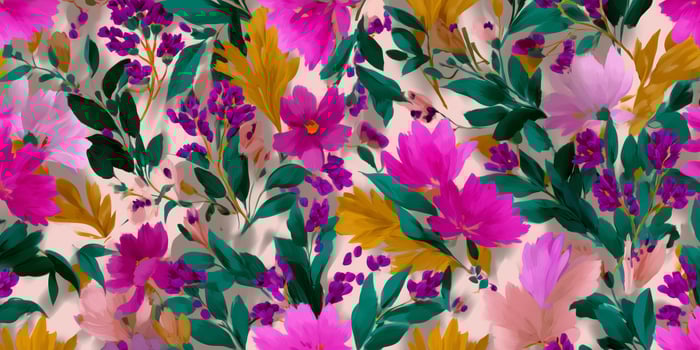 Colorful floral pattern with vibrant blooms and lush greenery in a harmonious arrangement on a soft background photo