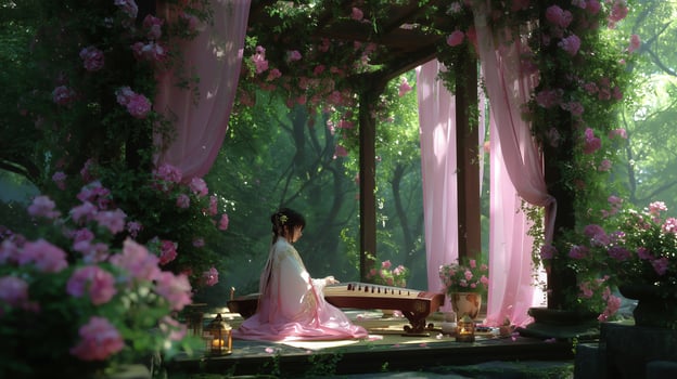 Serene woman plays musical instrument under floral arbor in lush garden during afternoon photo