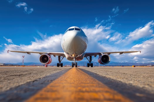 A low angle view of a commercial airplane parked on an airfield photo