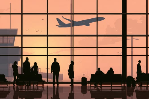 The airport is full of silhouettes against the backdrop of the setting sun photo