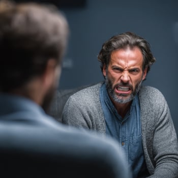 Man with Frustration Consulting Doctor to Solve Mental and Psychology Problem photo