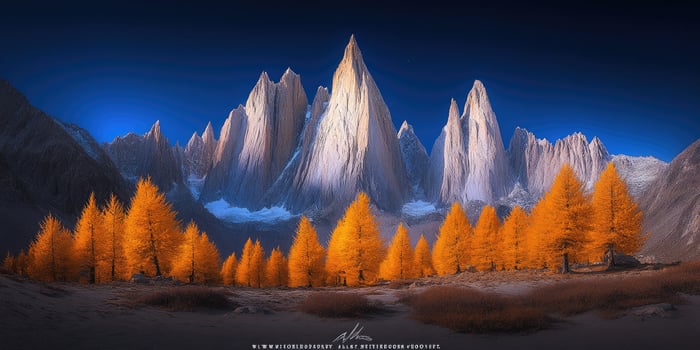 A mountain range with orange trees in front of it photo