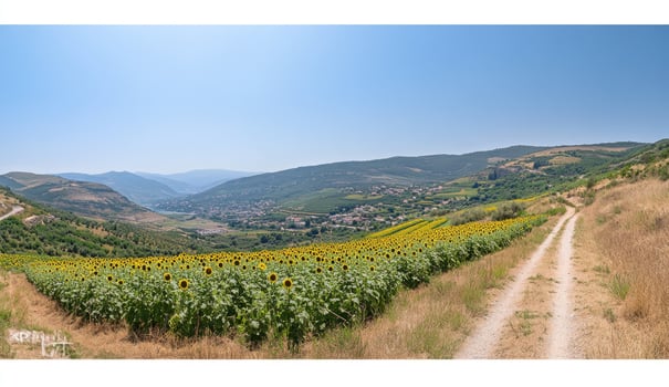 Sunflowers bloom along a rural path photo