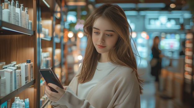 Woman is and her cell phone in a store photo