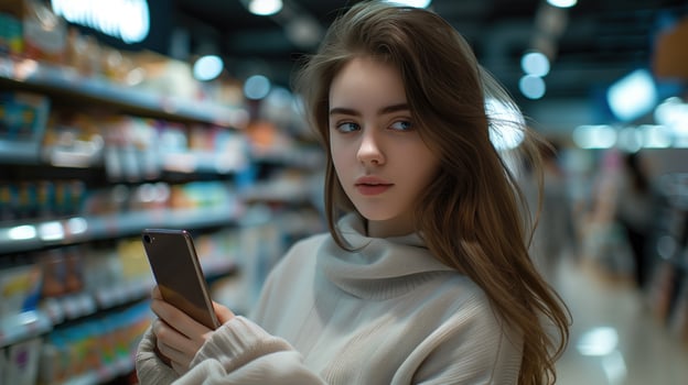 Woman is holding a cell phone in a store photo