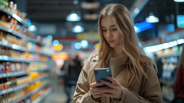 Woman is looking at her cell phone shopping in a store photo