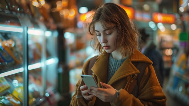 Woman is read her cell phone in a store photo