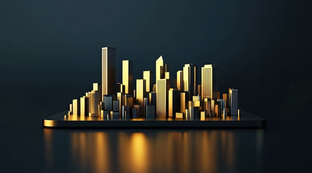 Golden city skyline, metallic cityscape photo