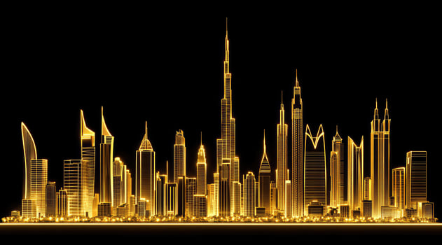 A golden city skyline with skyscrapers at night photo