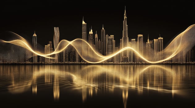 Golden city skyline, ethereal glow photo