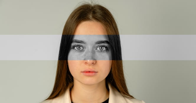 Portrait of a young woman with a modern artistic overlay in a neutral-toned studio setting photo