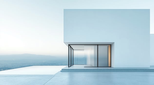 Modern minimalist house overlooking mountains photo