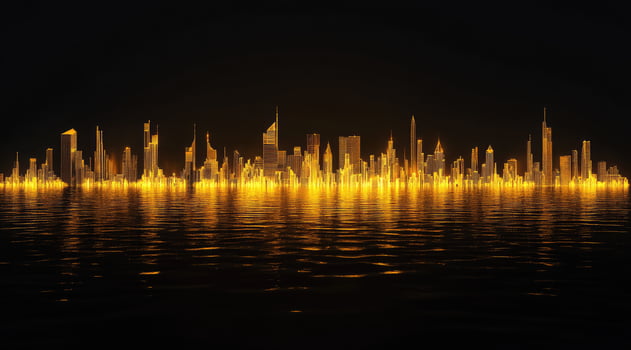 Golden city skyline at night reflected on water photo