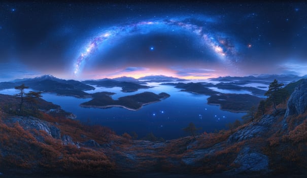 Panoramic view of a serene lake nestled amidst mountains, a celestial spectacle unfolds above. Misty morning light bathes the landscape as the milky way arcs across the night sky photo