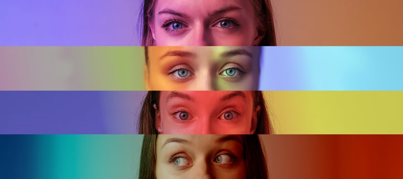 Colorful close-up of expressive eyes showcasing varied hues and emotions in a creative art setting photo