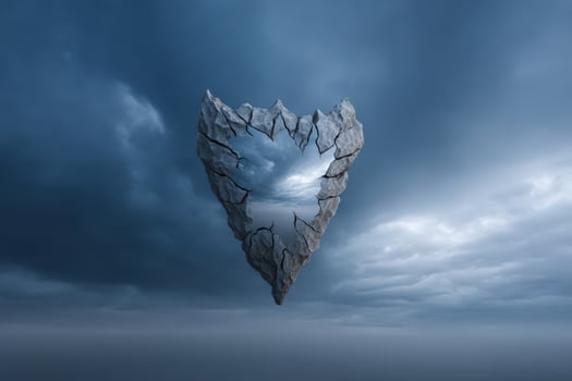 Cracked mirror shaped like a shield floating under an overcast sky at dusk photo