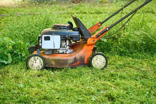 Summer grass cutting on green lawns with handle lawn mower photo
